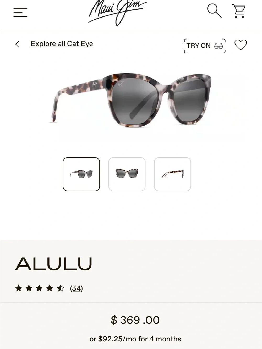 Maui Jim Alulu Cat Eye Sunglasses - Gray Tortoise Frame with Gray Lenses
